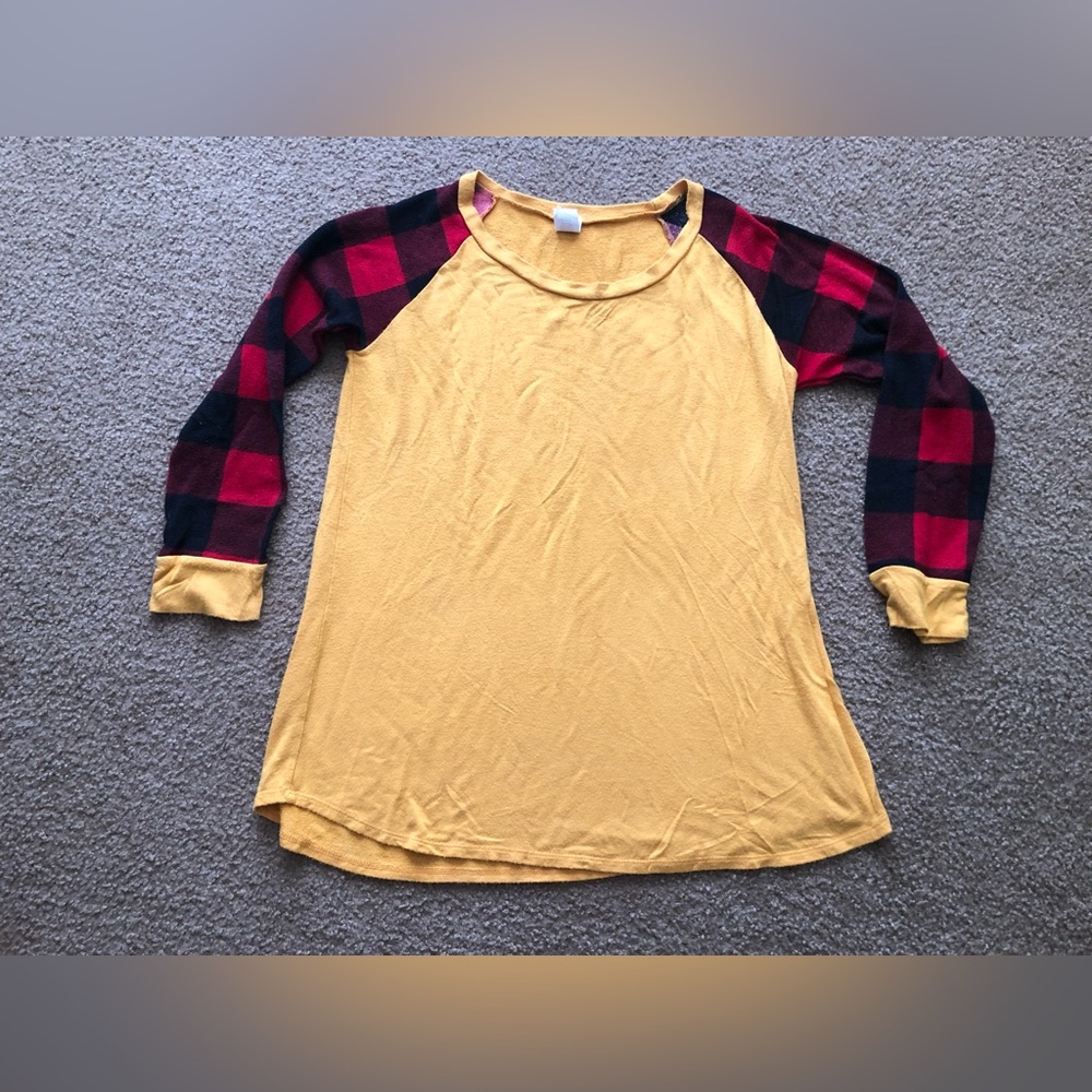 Womens Vintage BRENDAS Shirt Large Red Plaid Sleeves ,Gold Torso Usa 3/4 Sleeve